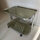 1970s chrome and smoked glass side table with magazine and vinyl rack.