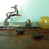 Art deco table lamp, marble, opaque glass and granite, animal in bronze patinated regulator