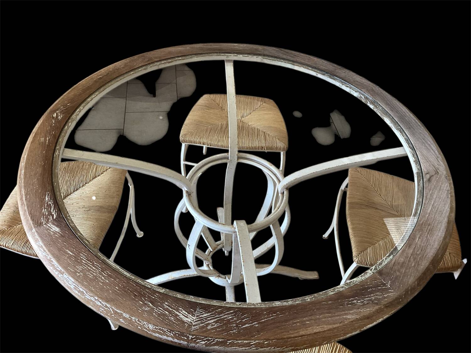 Round wrought iron table, wood & glass