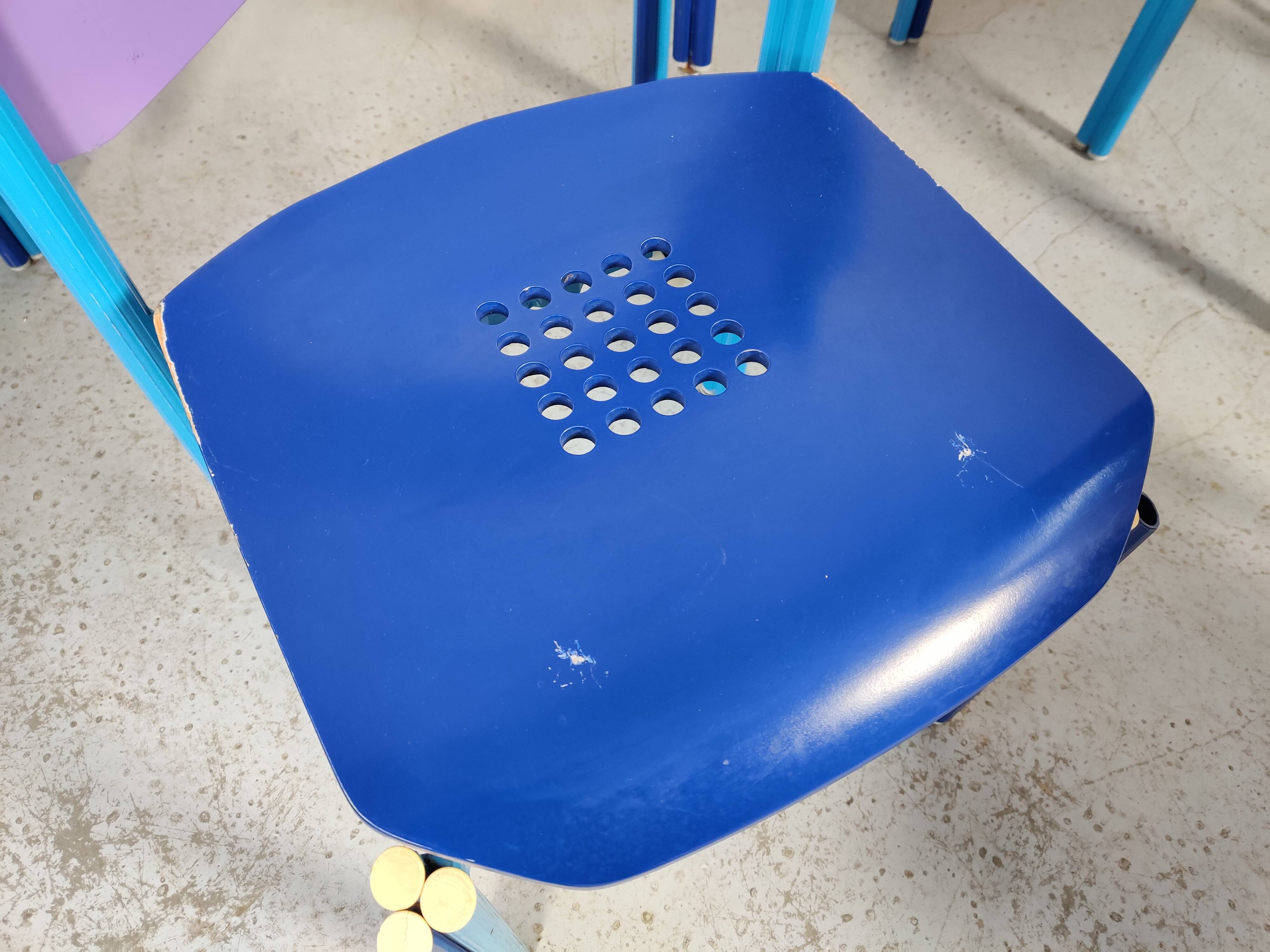 12 multicolored chairs wood and metal, 80s