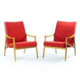 Ensemble de 2 fauteuils du milieu du siècle en hêtre clair & tissu rouge par Interier Praha, Tchécoslovaquie 1971