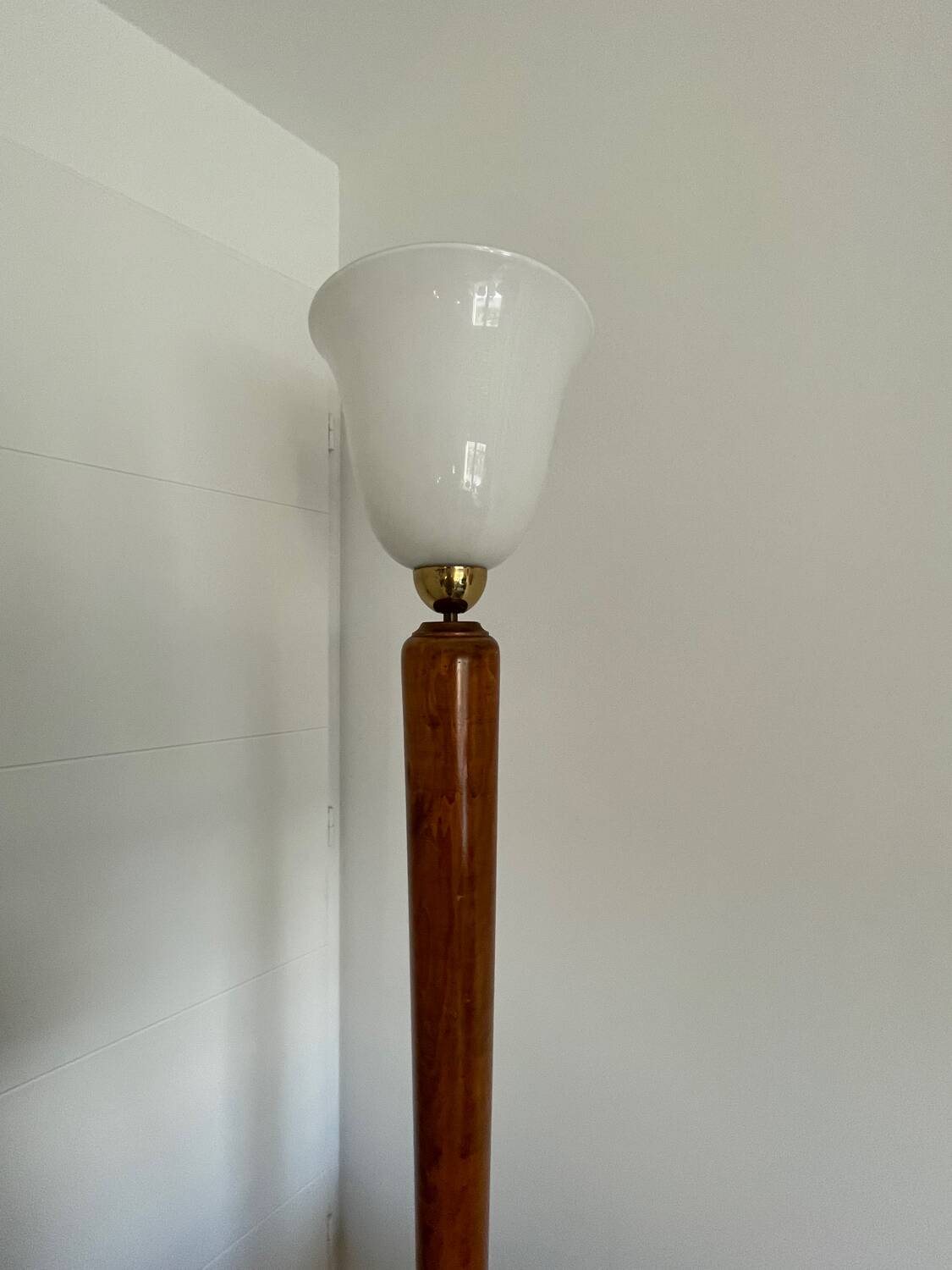 Antique wooden floor lamp with opaline glass shade
