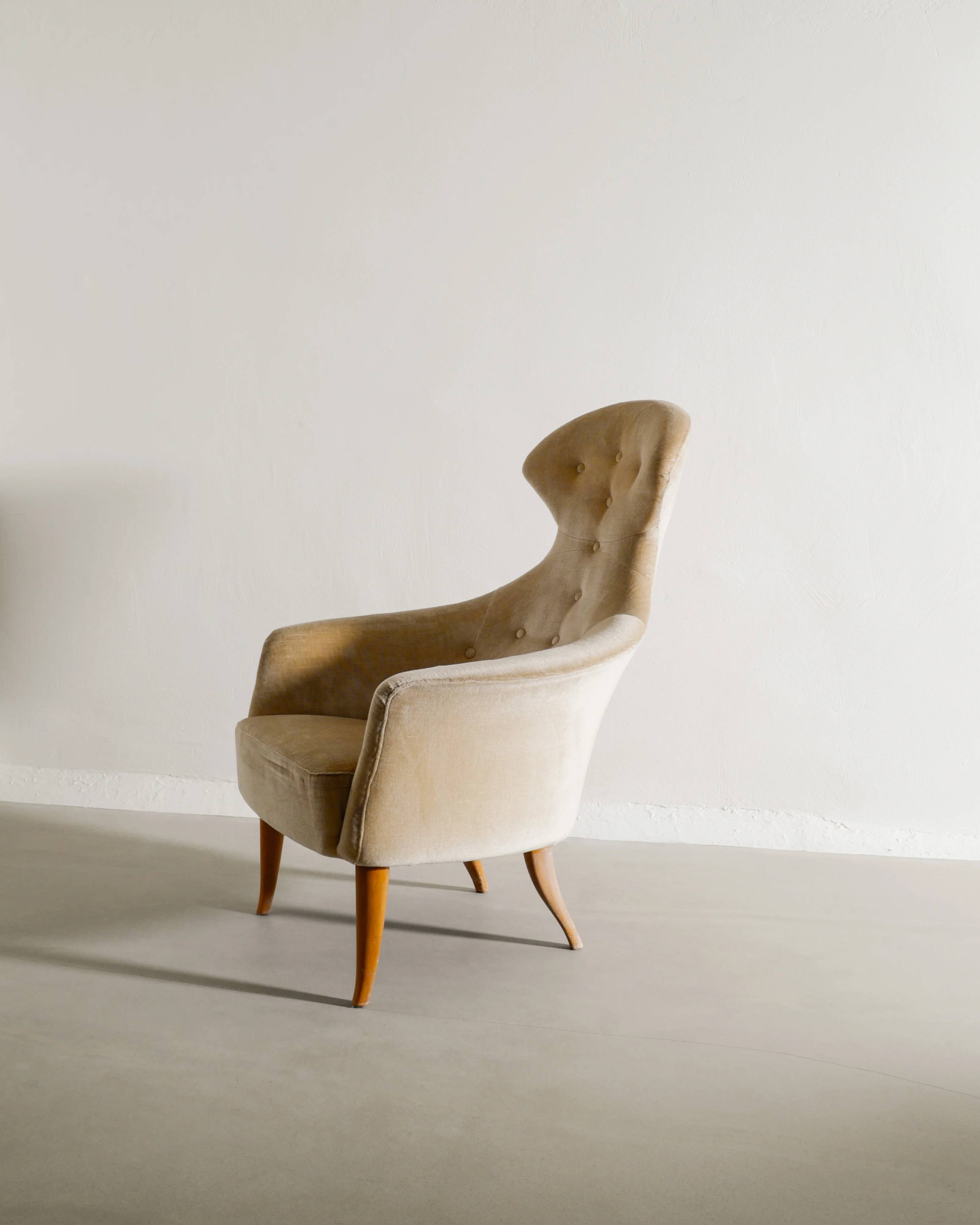 Vintage Swedish Armchair in Wood & Velvet by Kerstin Hörlin-Holmquist 1950s