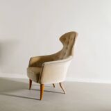 Vintage Swedish Armchair in Wood & Velvet by Kerstin Hörlin-Holmquist 1950s