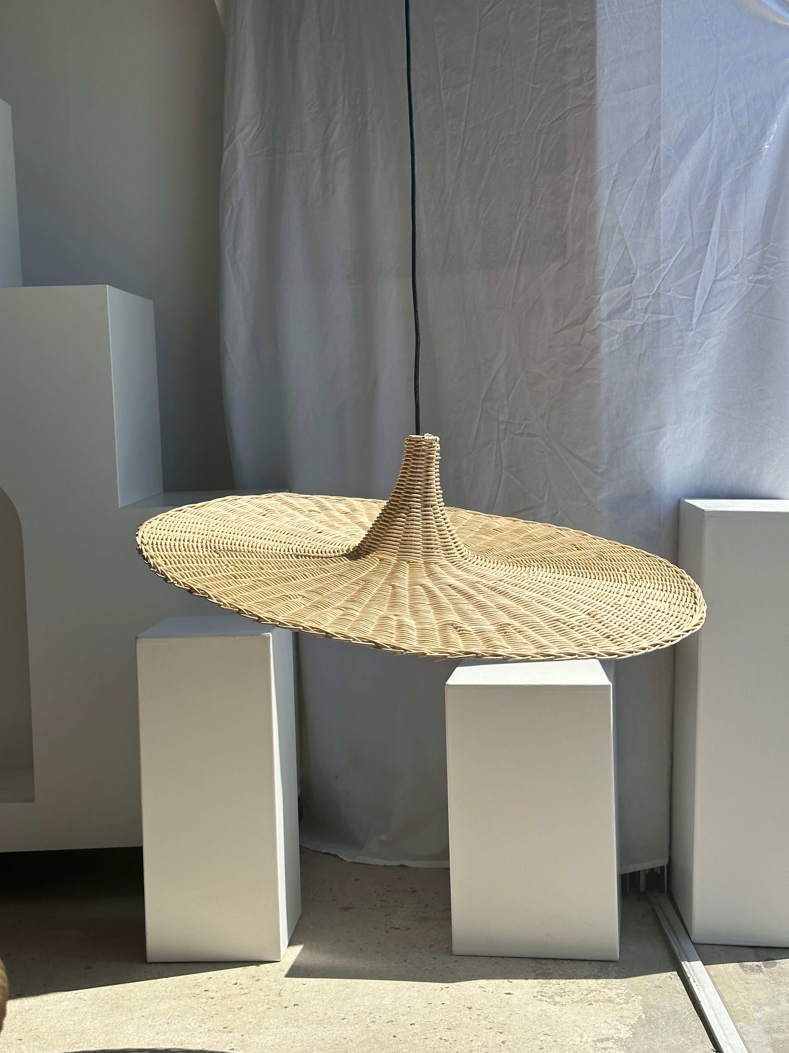 Large suspension, rattan luminaire in hat shape D:80cm