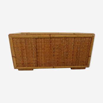 70s woven rattan and bamboo planter