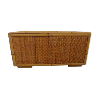 70s woven rattan and bamboo planter