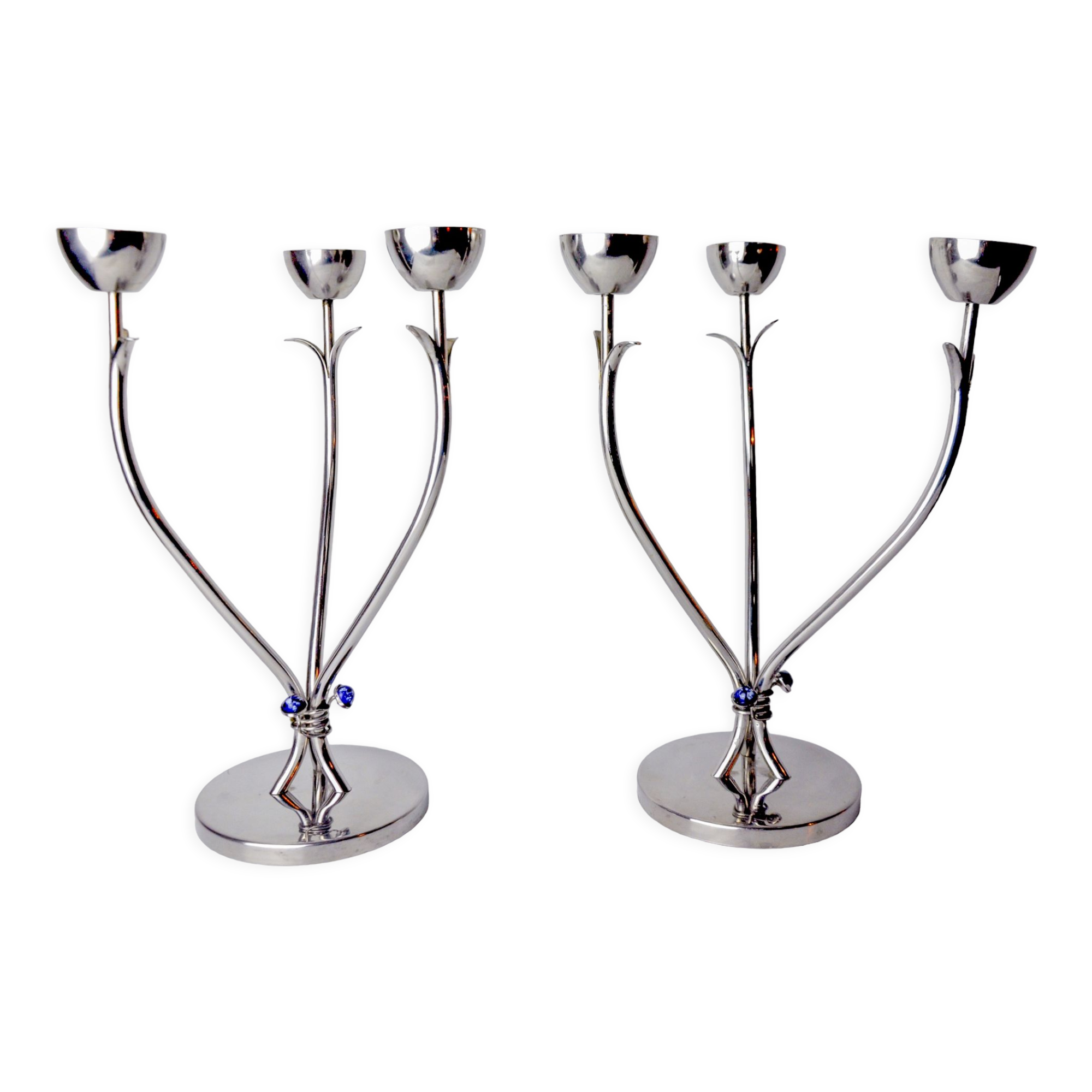 Pair of art deco candlesticks in stainless steel 3 flames and blue stones, Spain, 1970