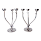 Pair of art deco candlesticks in stainless steel 3 flames and blue stones, Spain, 1970