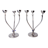 Pair of art deco candlesticks in stainless steel 3 flames and blue stones, Spain, 1970