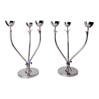 Pair of art deco candlesticks in stainless steel 3 flames and blue stones, Spain, 1970