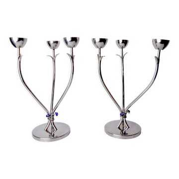 Pair of art deco candlesticks in stainless steel 3 flames and blue stones, Spain, 1970