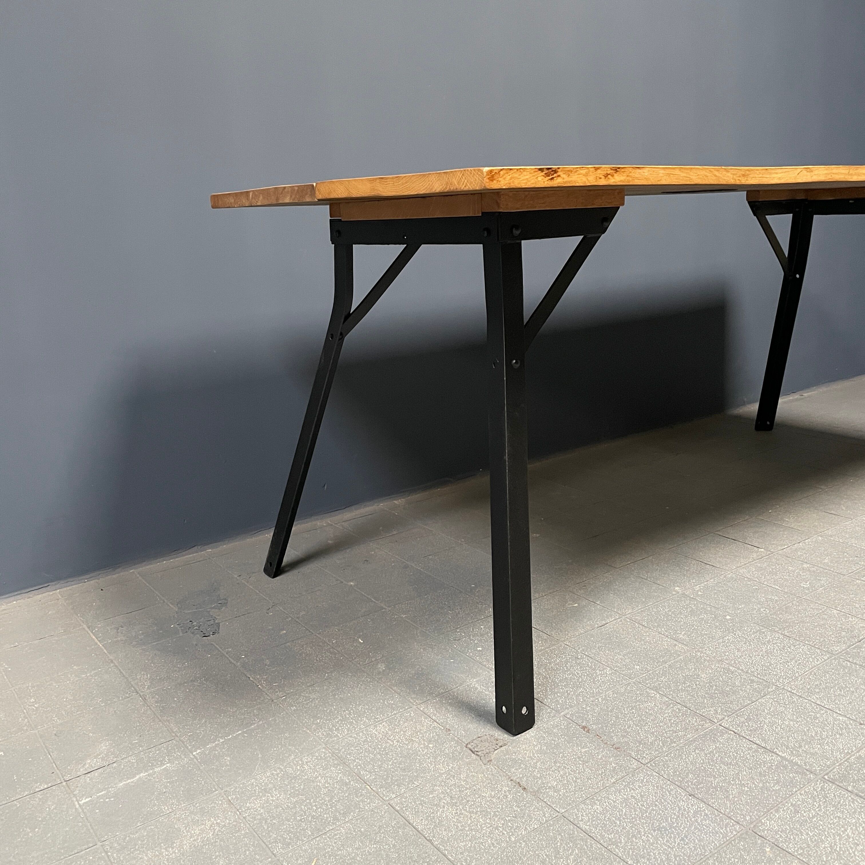 Handmade industrial oak dining table with black metal legs