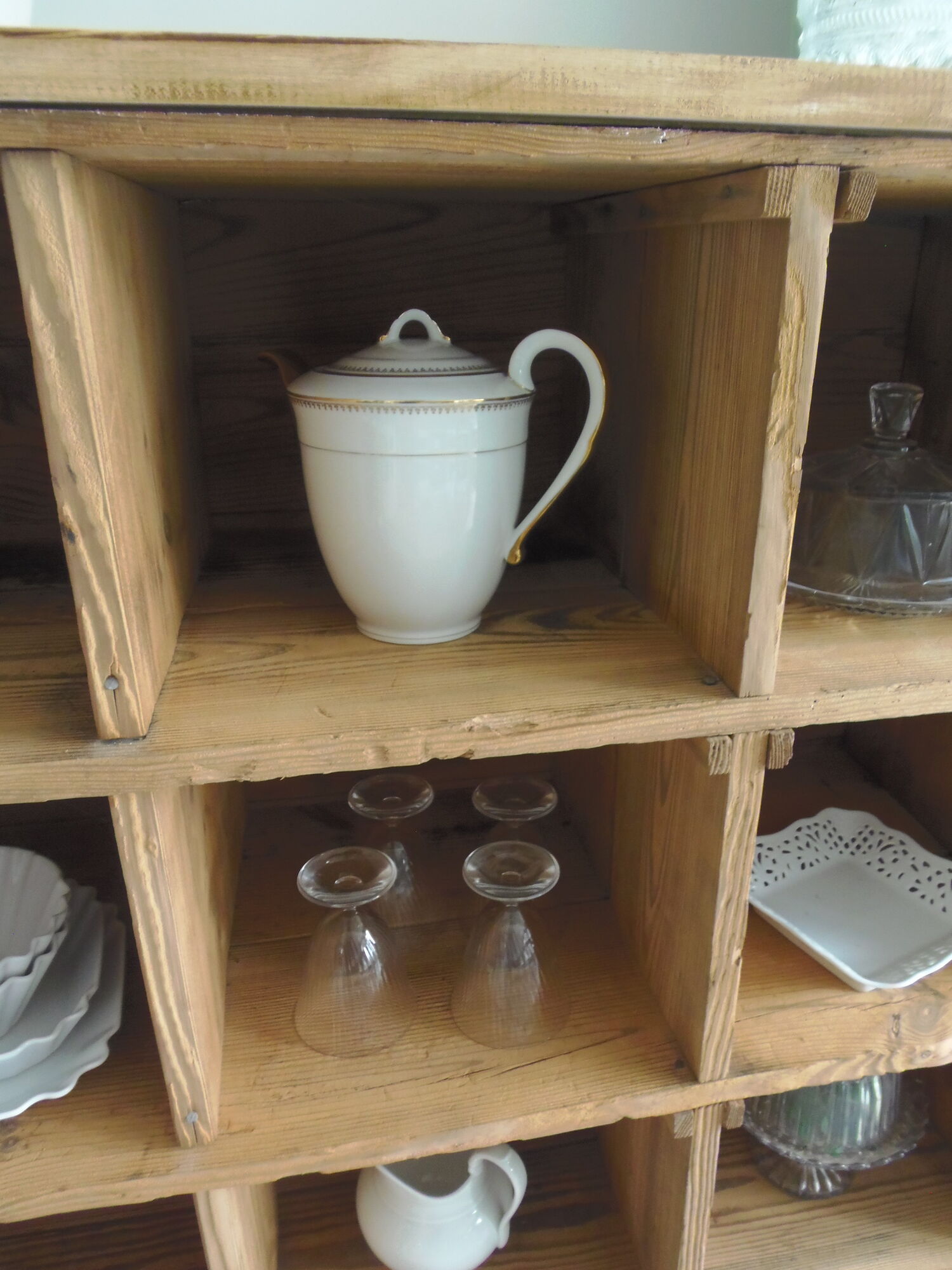Vintage craft furniture on pitchpin wheels, 18 lockers.