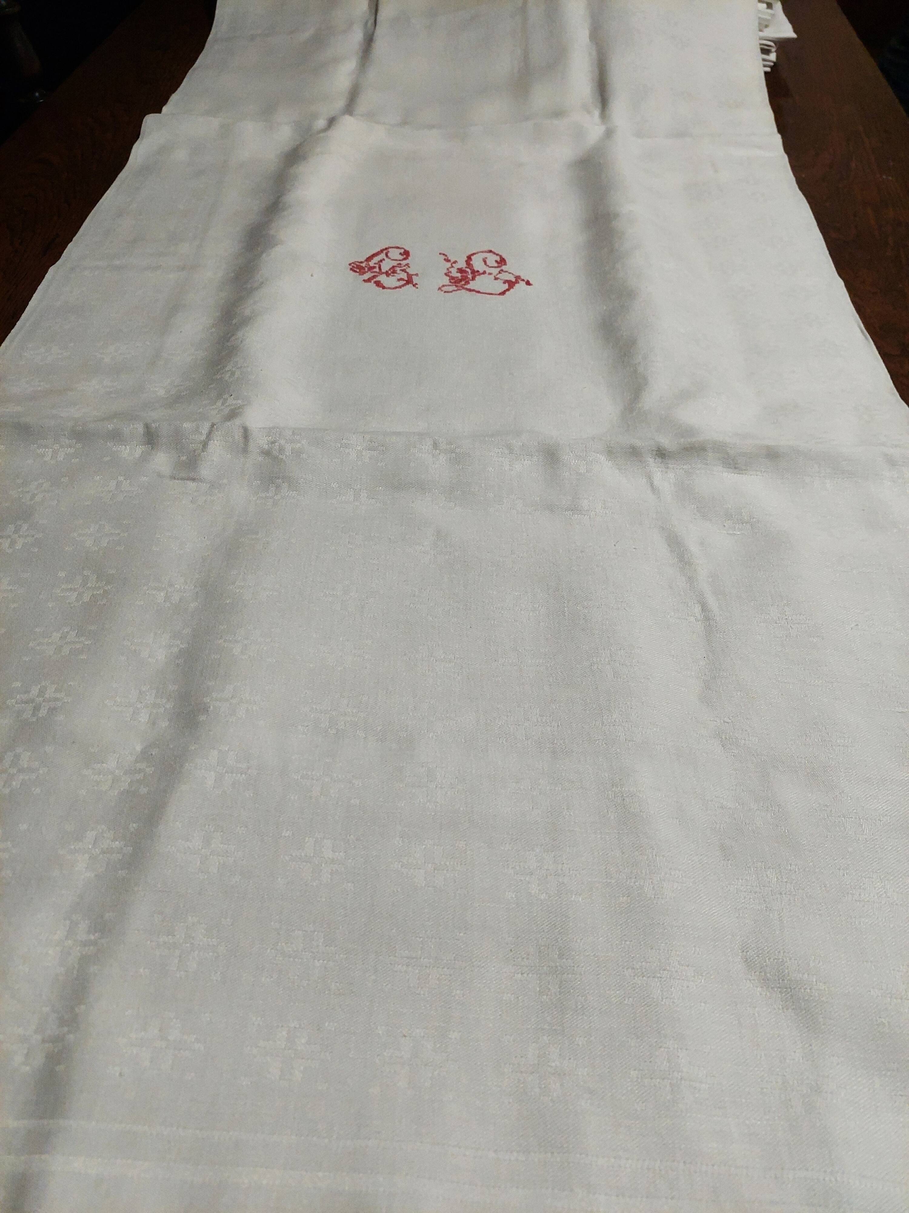 Old linen damask linen tablecloth red monogram GL 160 X 175 cm