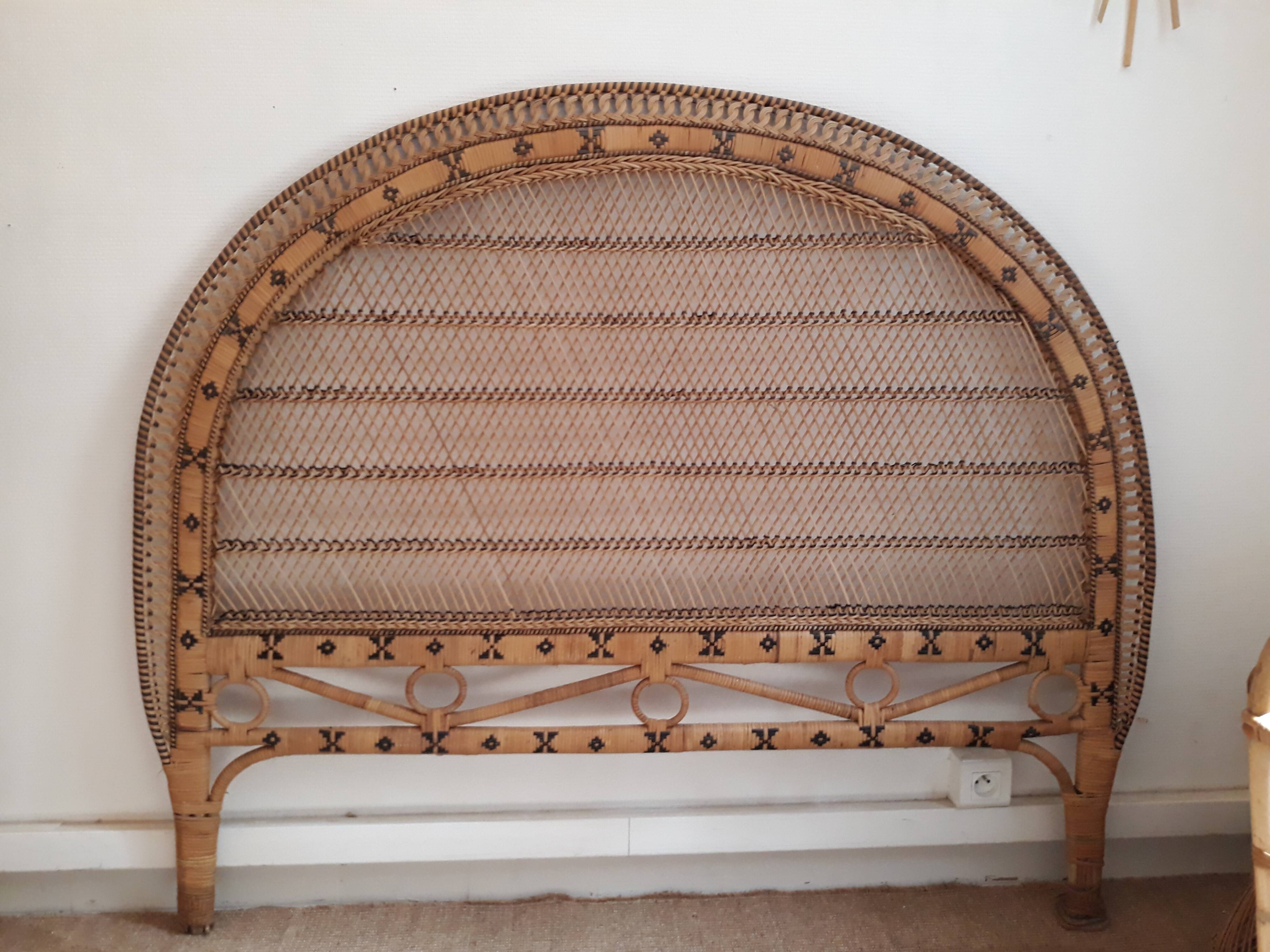 Headof and 2 vintage braided rattan bedside