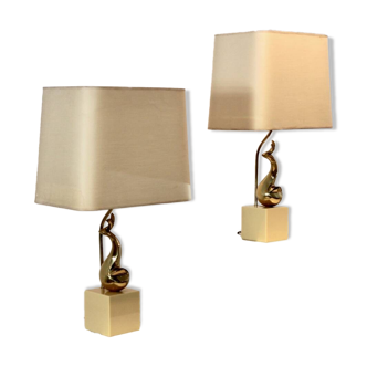 Pair of Exclusive Philippe-Jean Brass Art Sculpture Table Lamps, signed