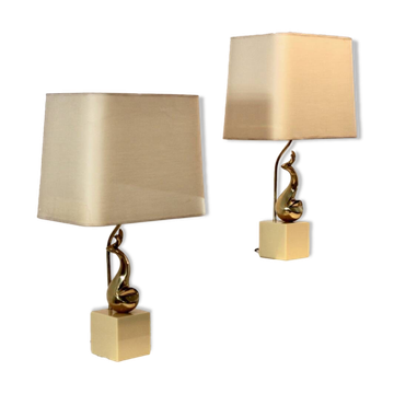 Pair of Exclusive Philippe-Jean Brass Art Sculpture Table Lamps, signed