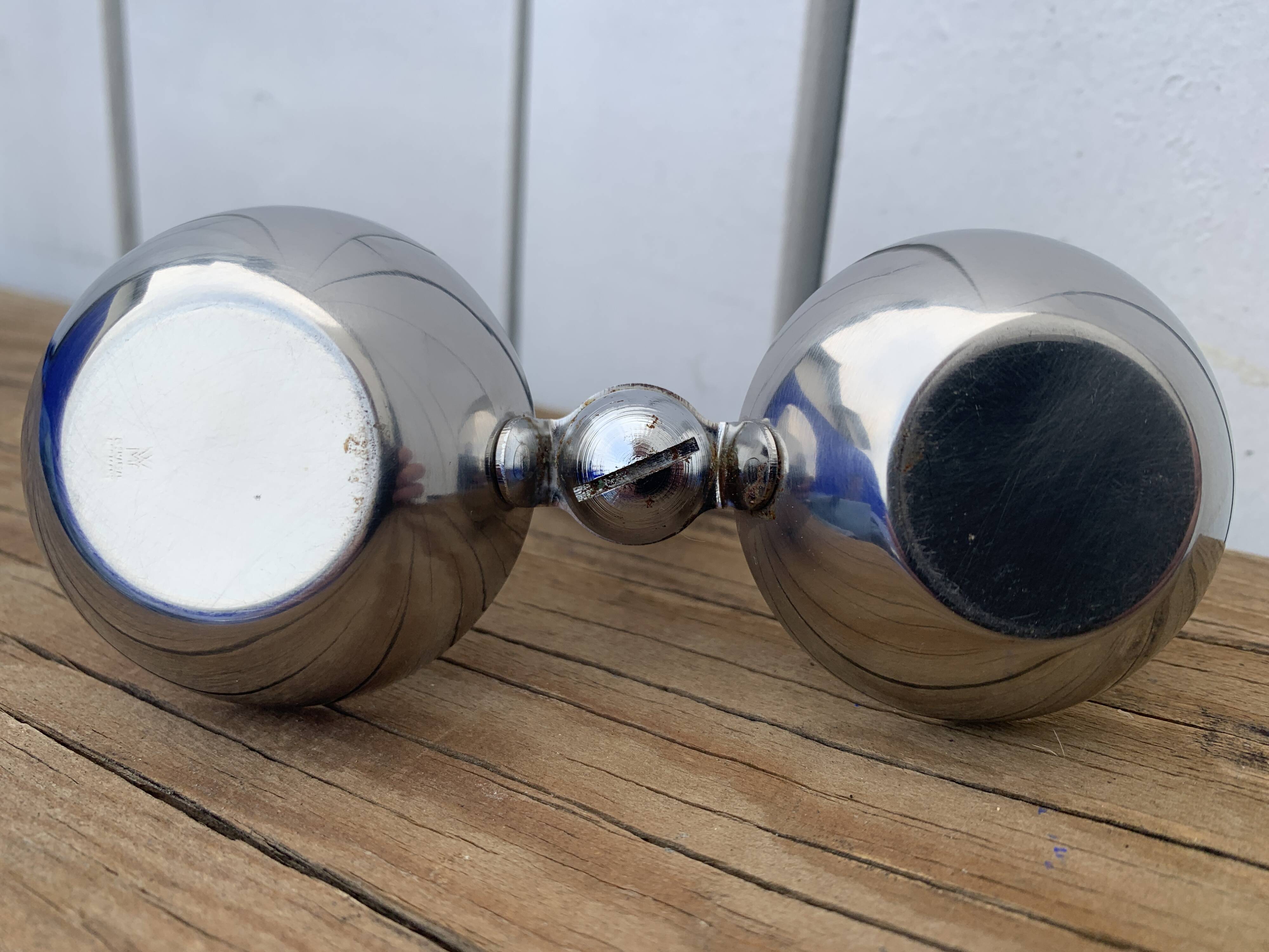 German salt and pepper shaker WMF in metal and glass, 1970