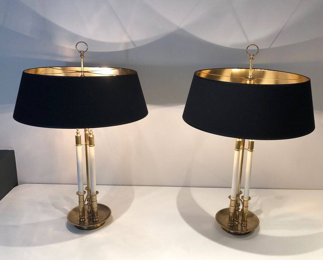 Pair of Brass and White Lacquer Table Lamps, Neoclassical Style, Tr