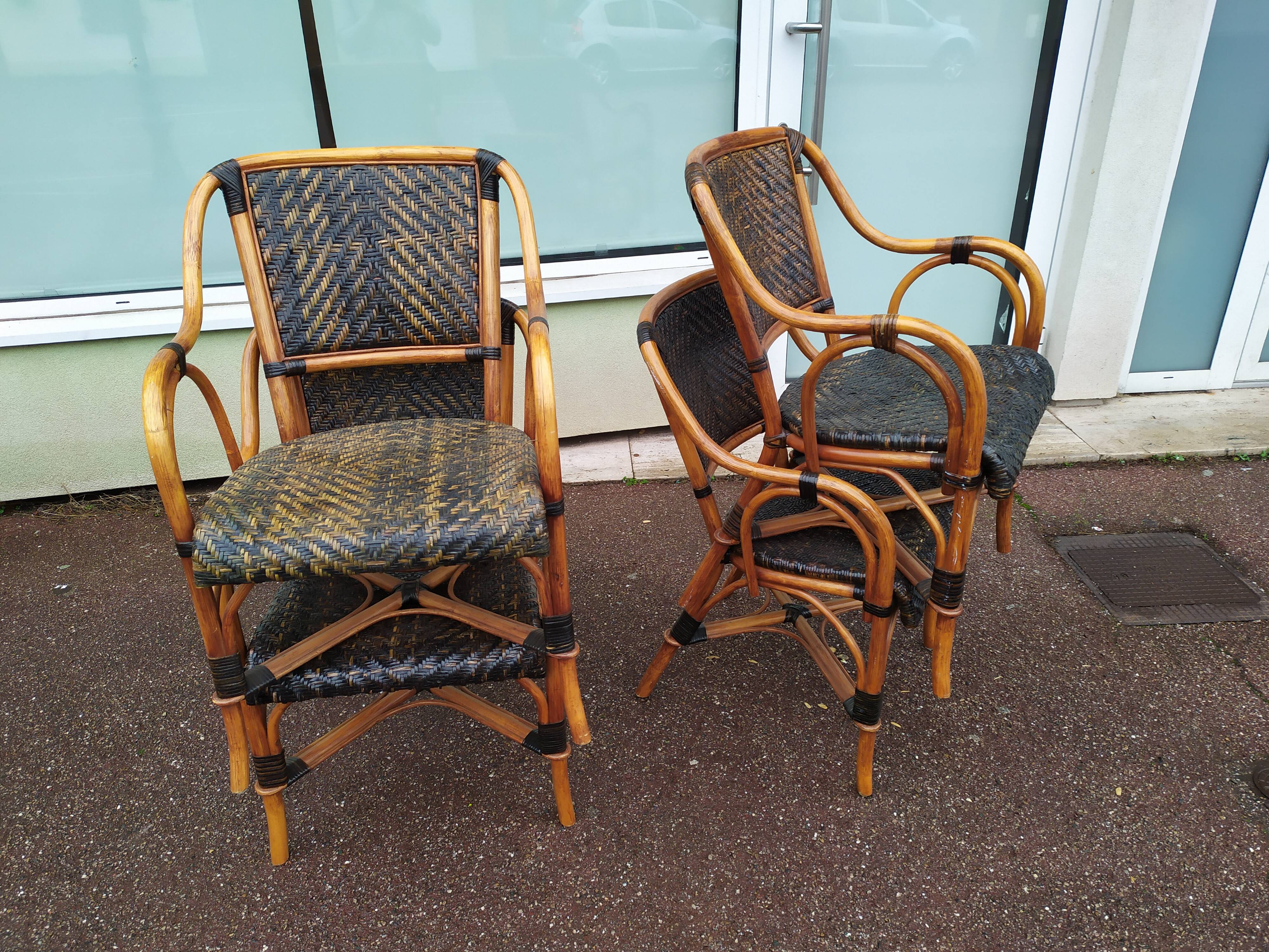 4 Fauteuil Boho chic 2 tons en Rotin, café bistro Vintage