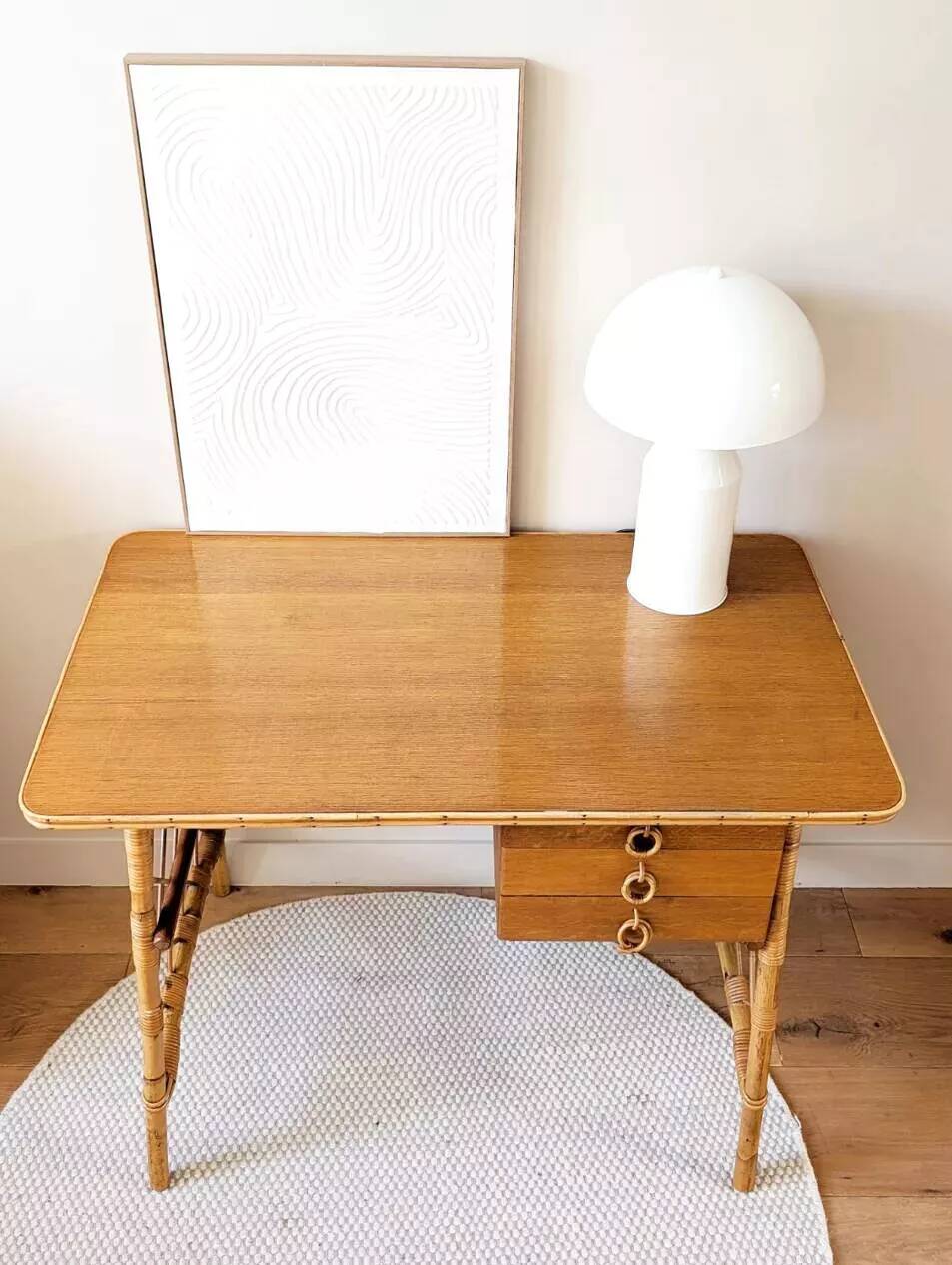 Vintage wood and rattan desk by L. Sognot