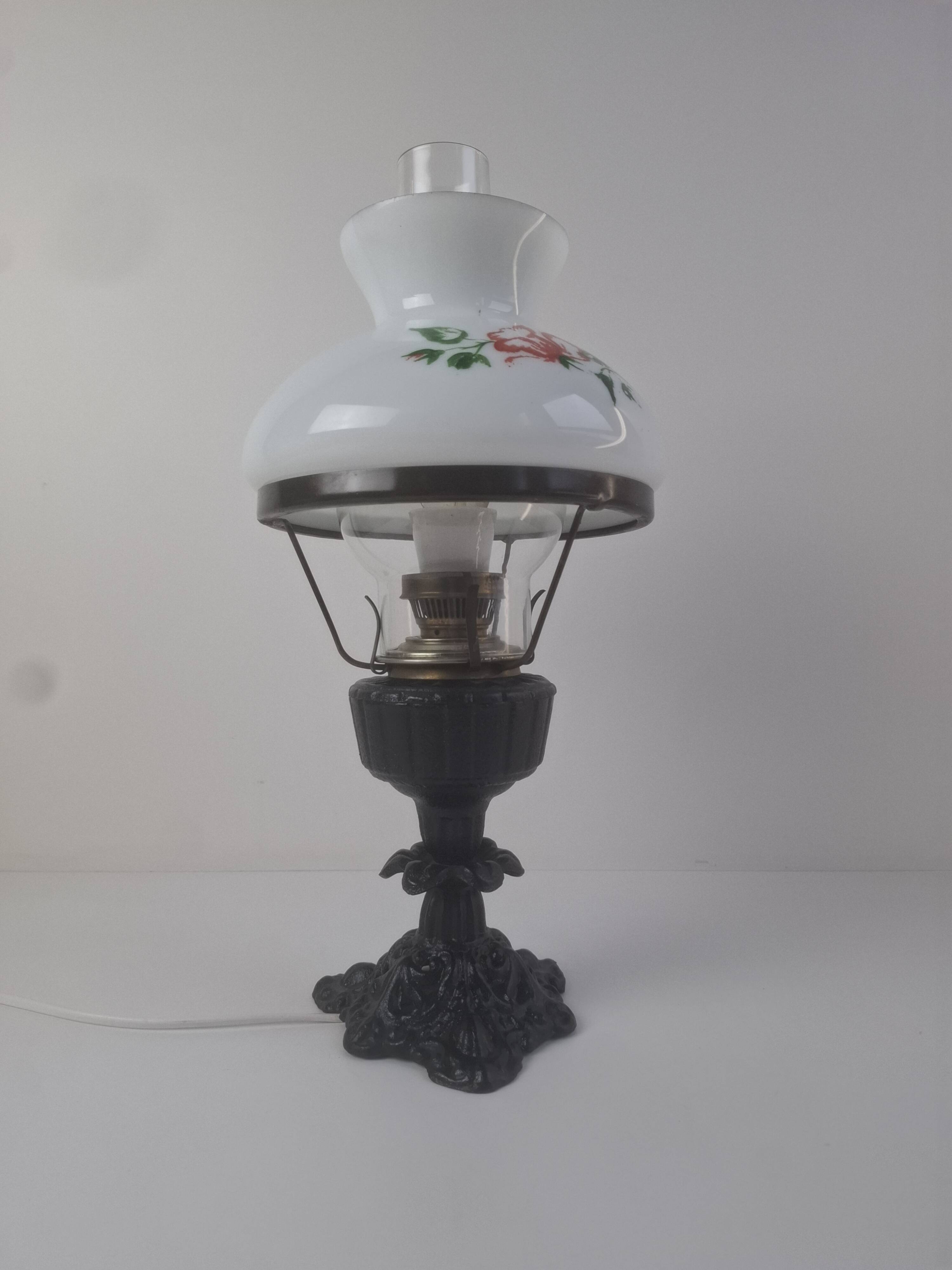 Mid-century Czech cast iron glass lamp vintage floral shade home lighting