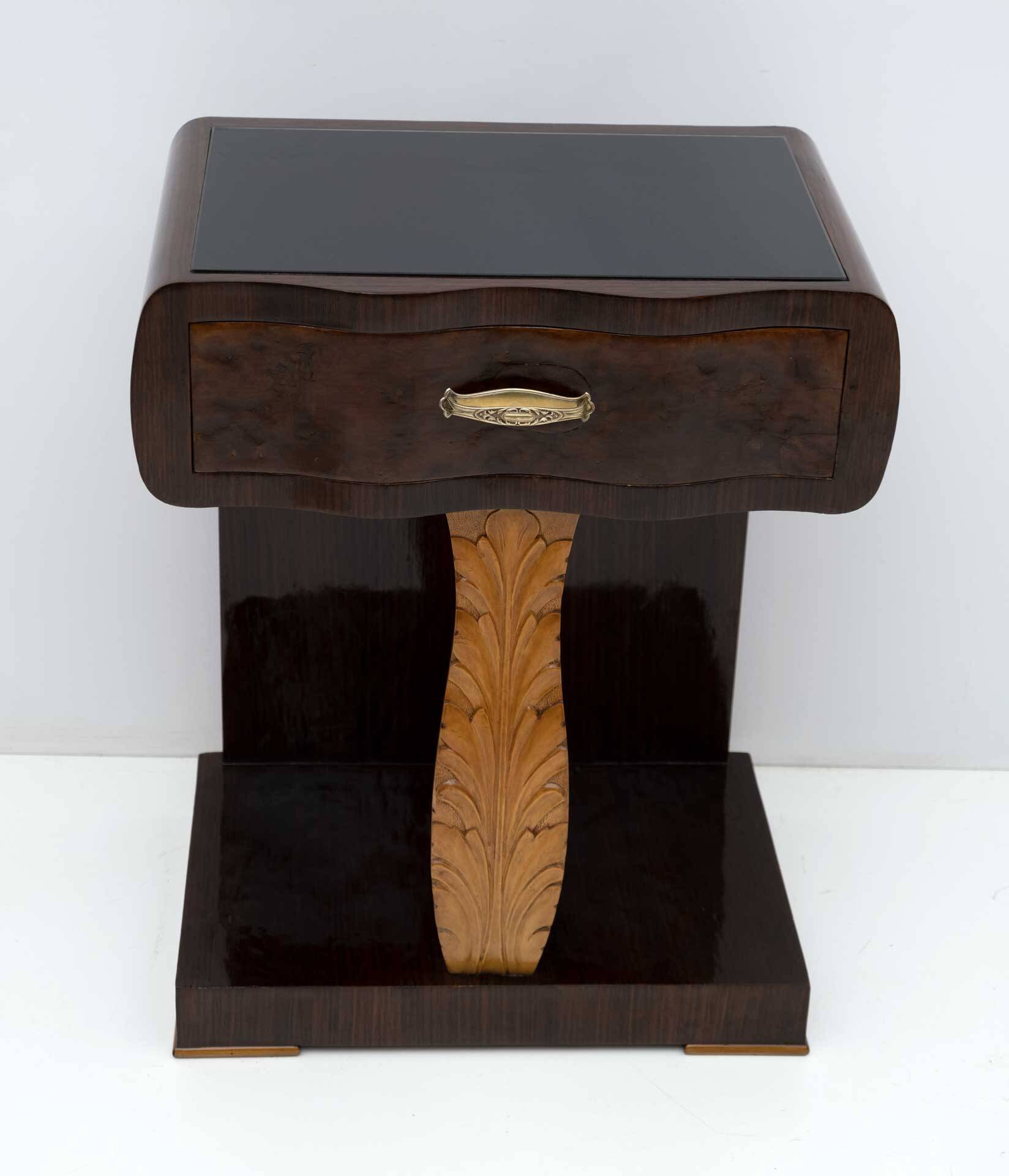 Pair of Art Deco Italian Walnut Briar and Maple Bedside Tables, 1920s