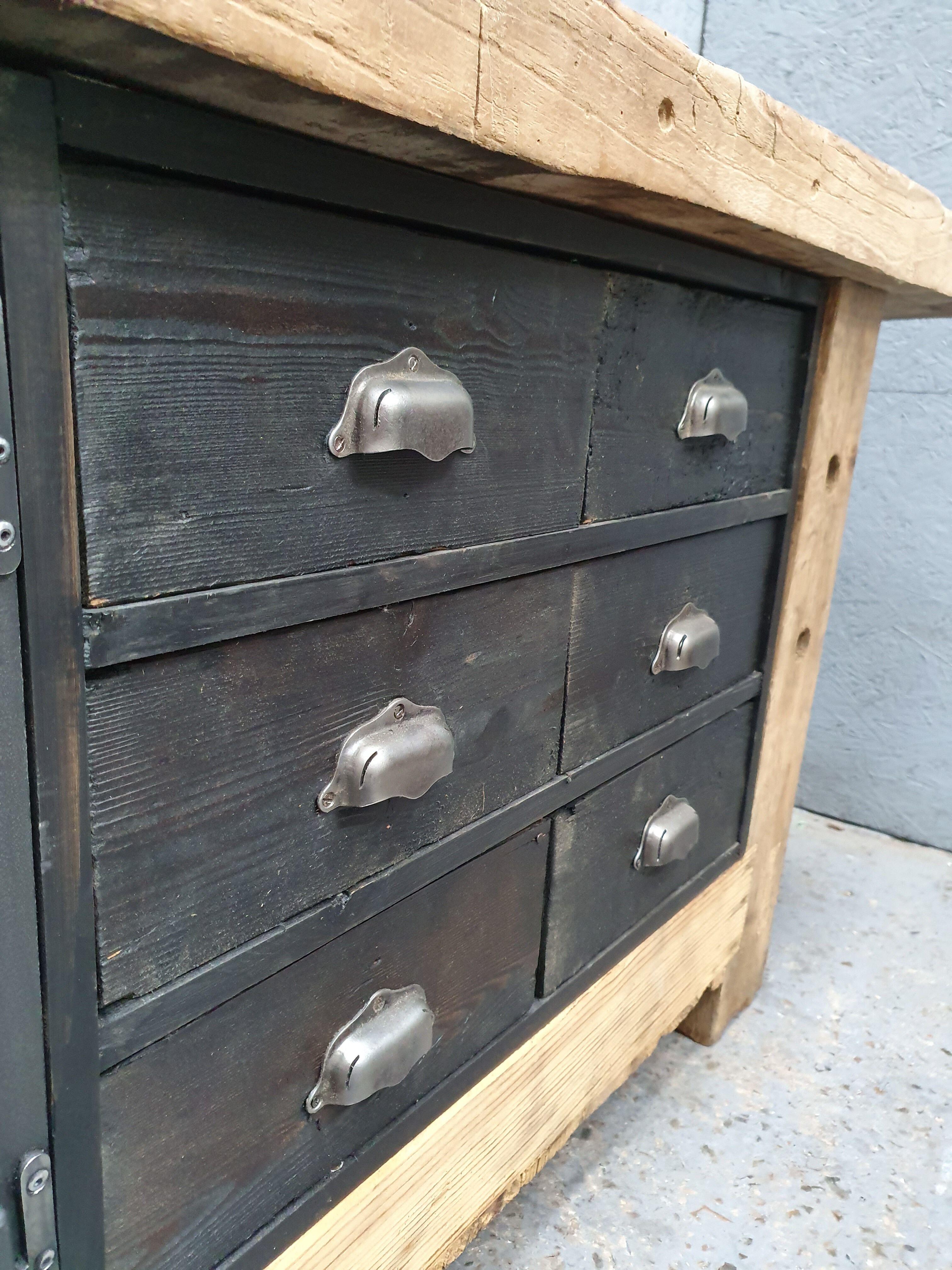 Industrial established furniture two metal doors and 6 wooden drawers