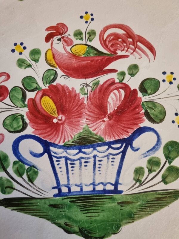 Grand plat à tarte ancien en faïence de St Clément Motif Coq au panier