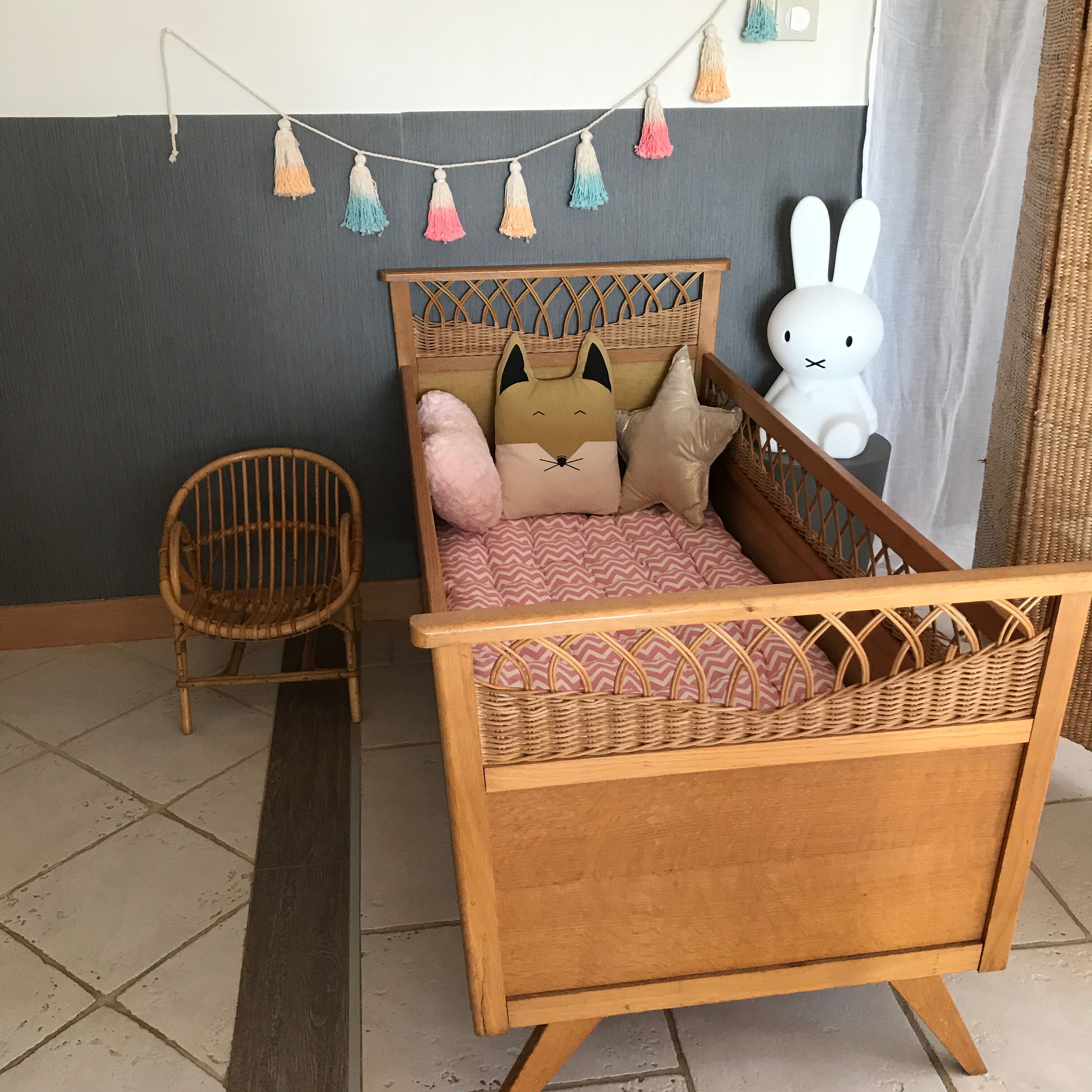 Vintage wood and rattan year 60 baby bed