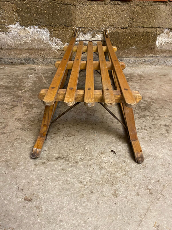 Luge ancienne Davos en bois & lames metal sport hiver vintage