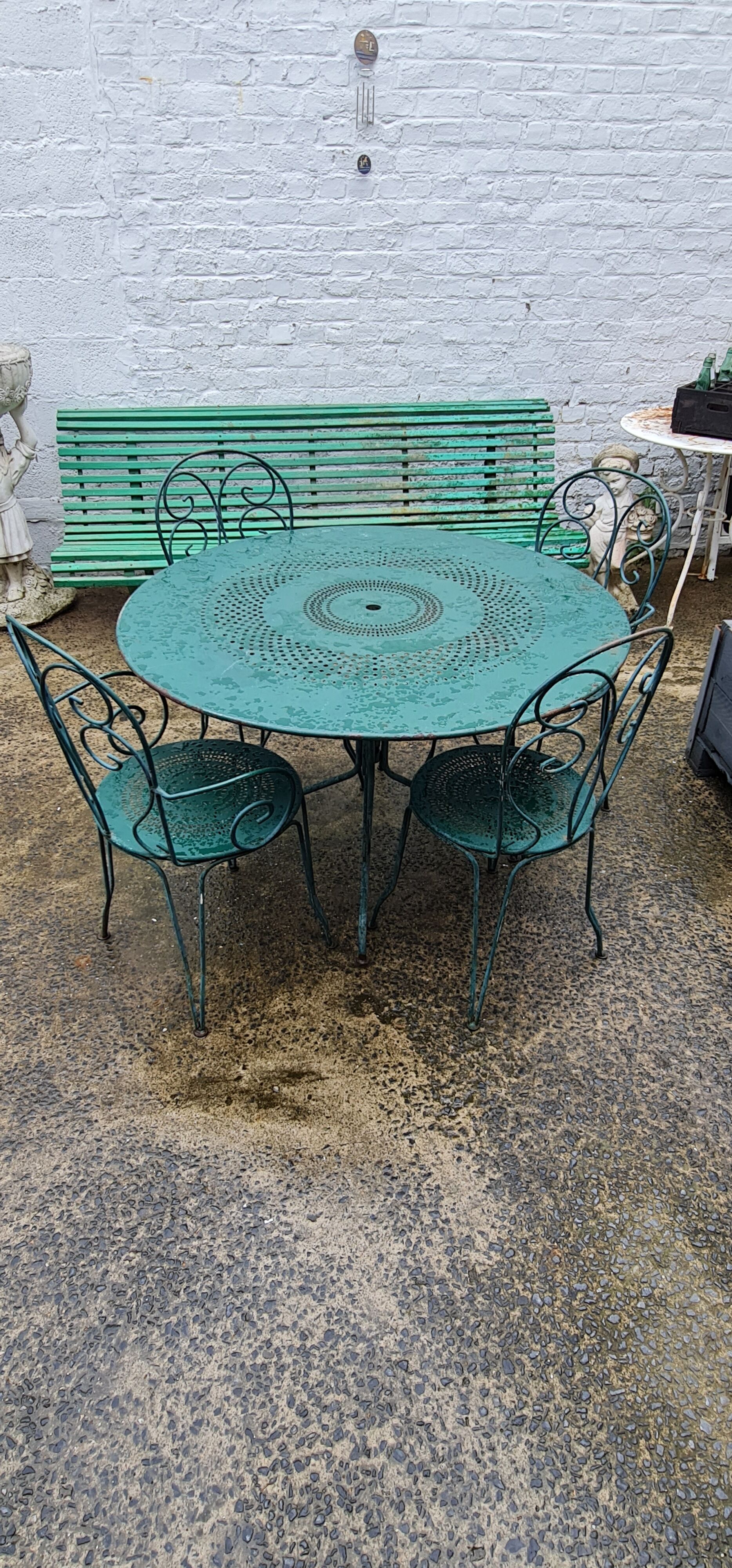 Garden furniture green wrought iron table two chairs and two armchairs
