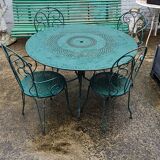Garden furniture green wrought iron table two chairs and two armchairs