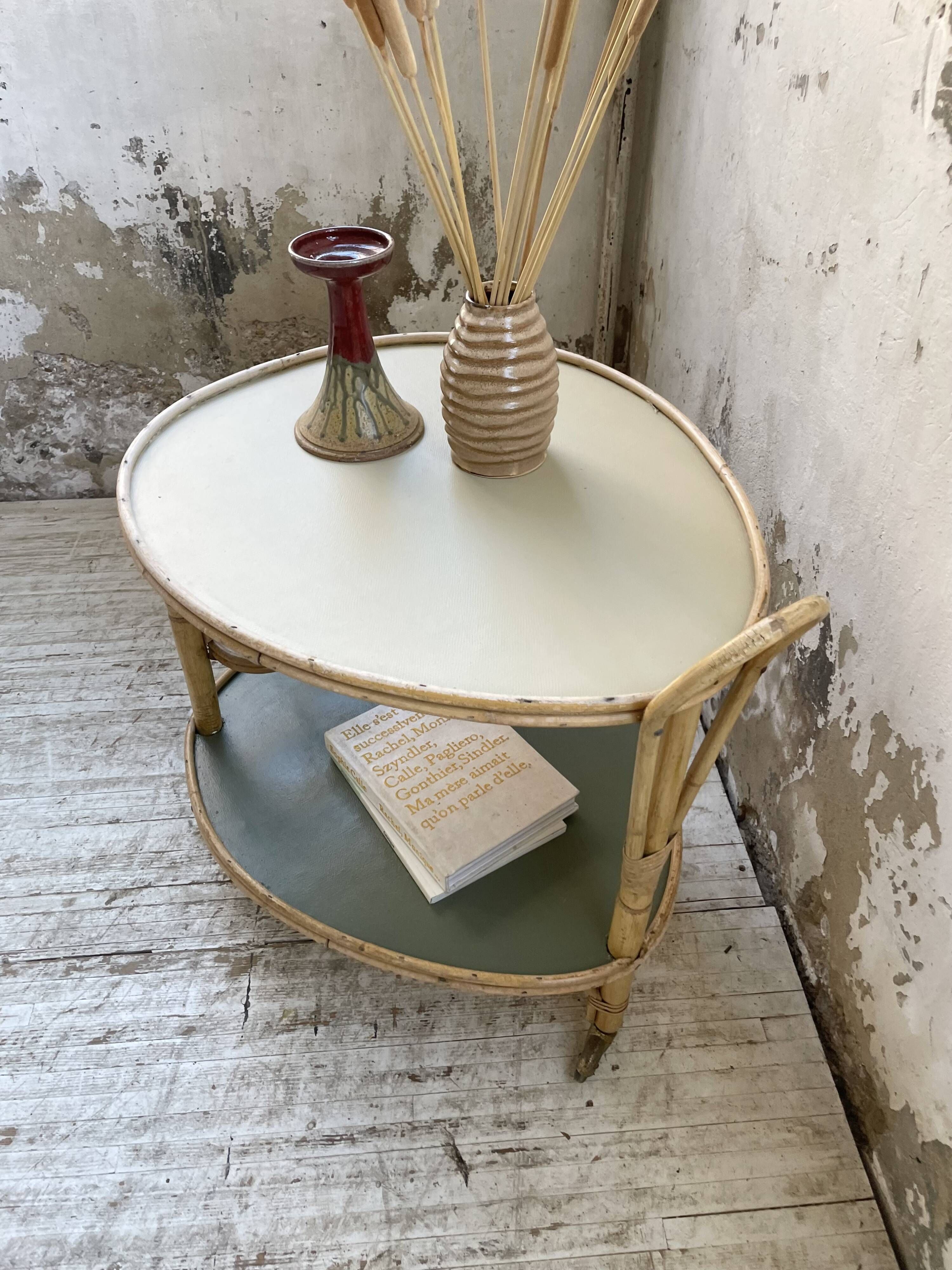 Desserte, table roulante en rotin années 60