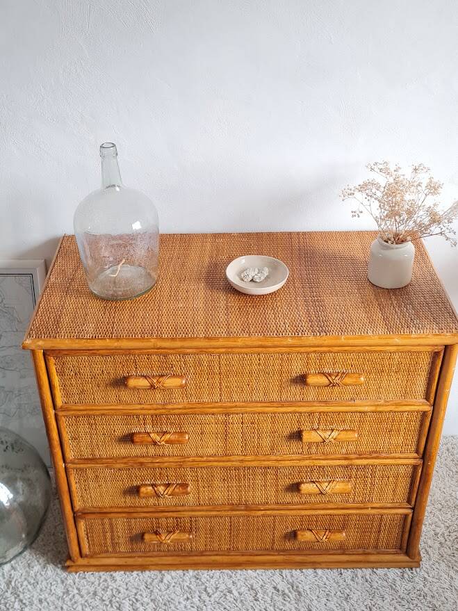 Vintage rattan chest of drawers circa 70s