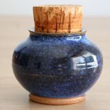 Blue glazed stoneware pot with cork stopper