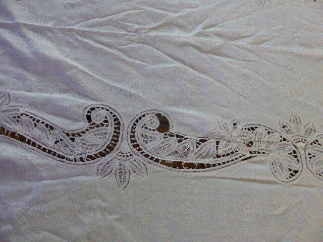 White tablecloth lace and embroidered linen, art deco, old