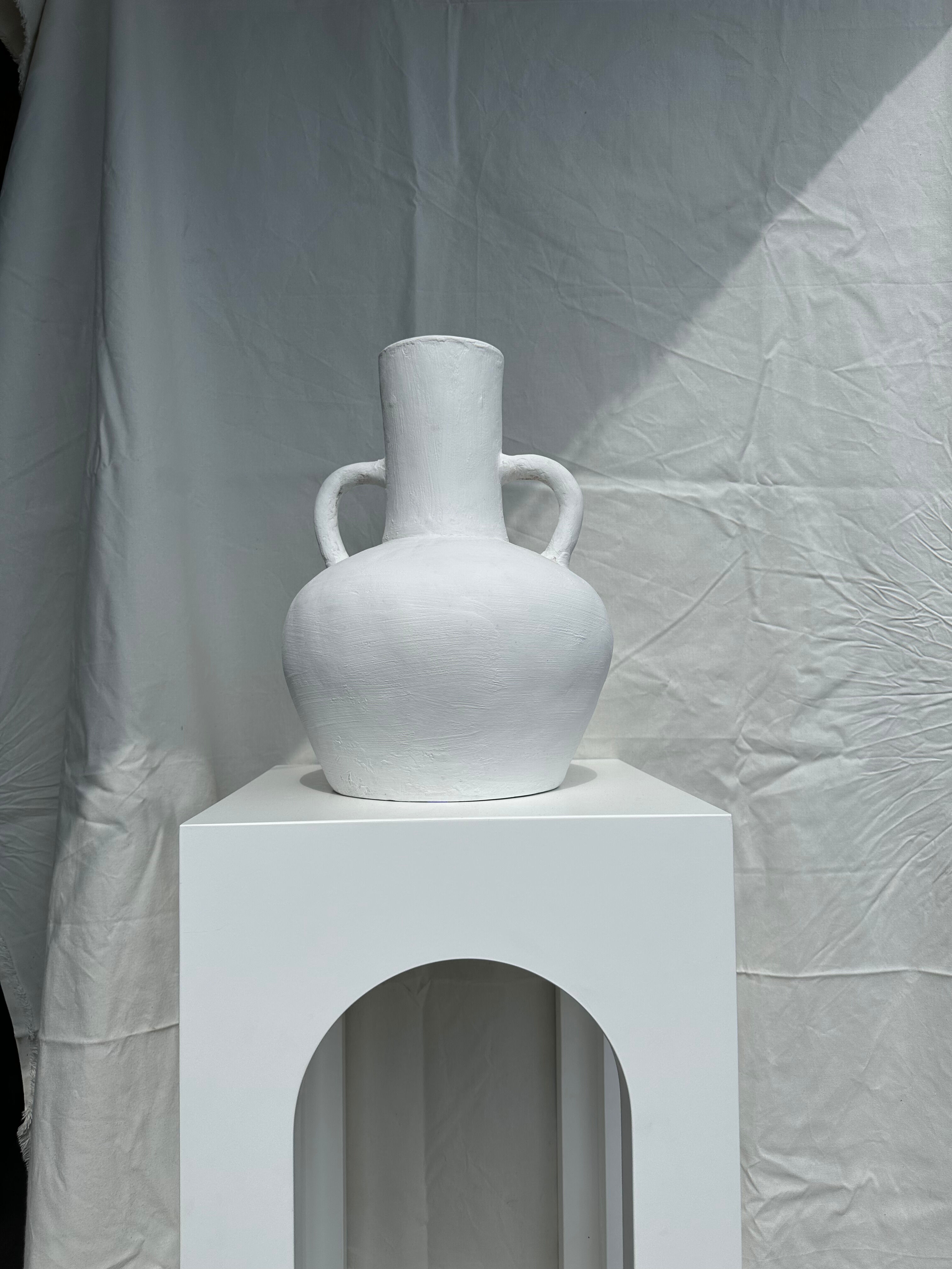 Handcrafted terracotta vase painted white with double handles h:40 d:30