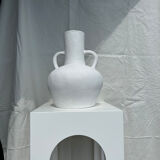 Handcrafted terracotta vase painted white with double handles h:40 d:30