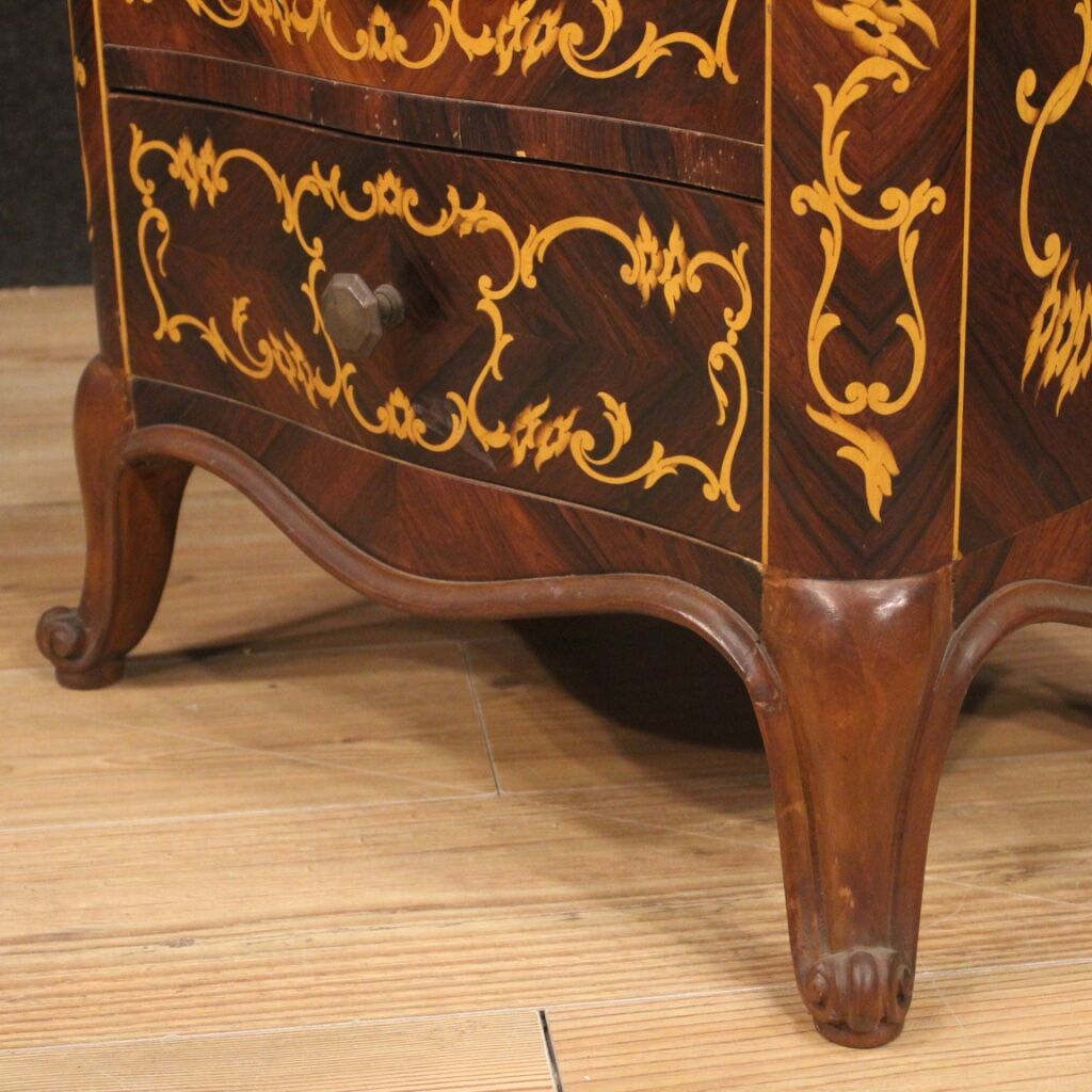 Pair of Italian inlaid bedside tables in walnut, maple and beech