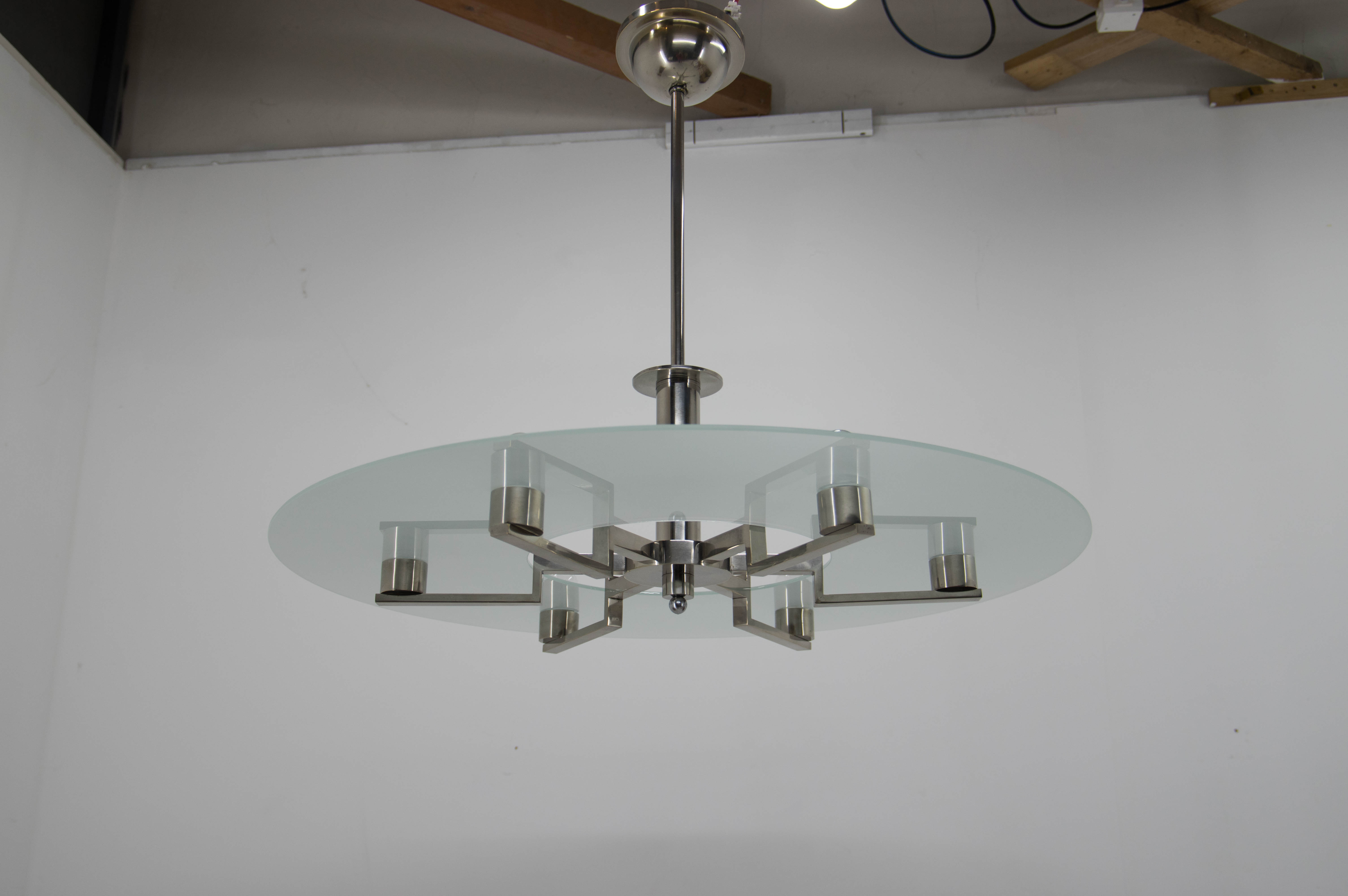 Functionalist 6-flamming Nickel-plated Chandelier, 1930s