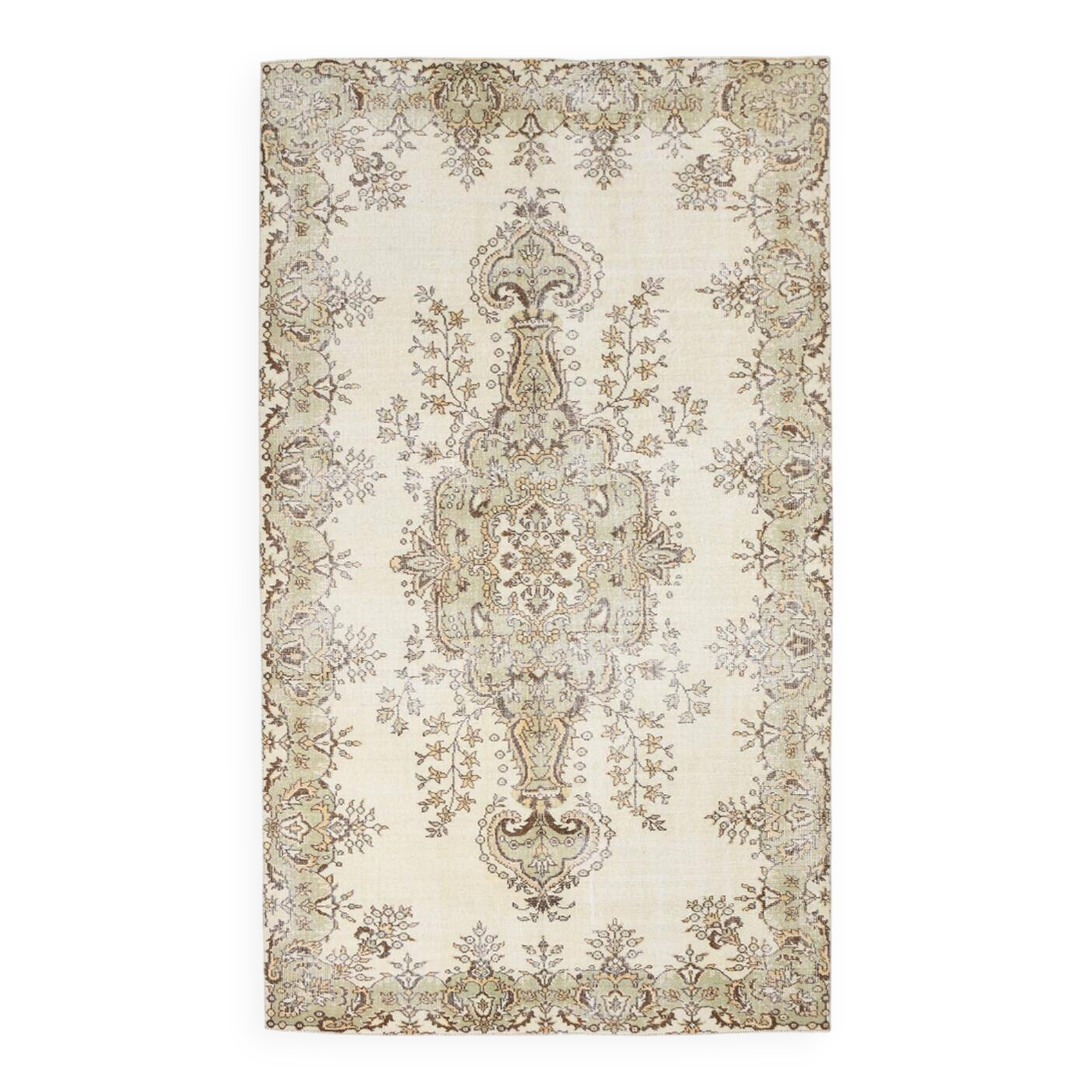 6x9 Ft Ecru-cream vintage rug, Floral design cream and brown rug.