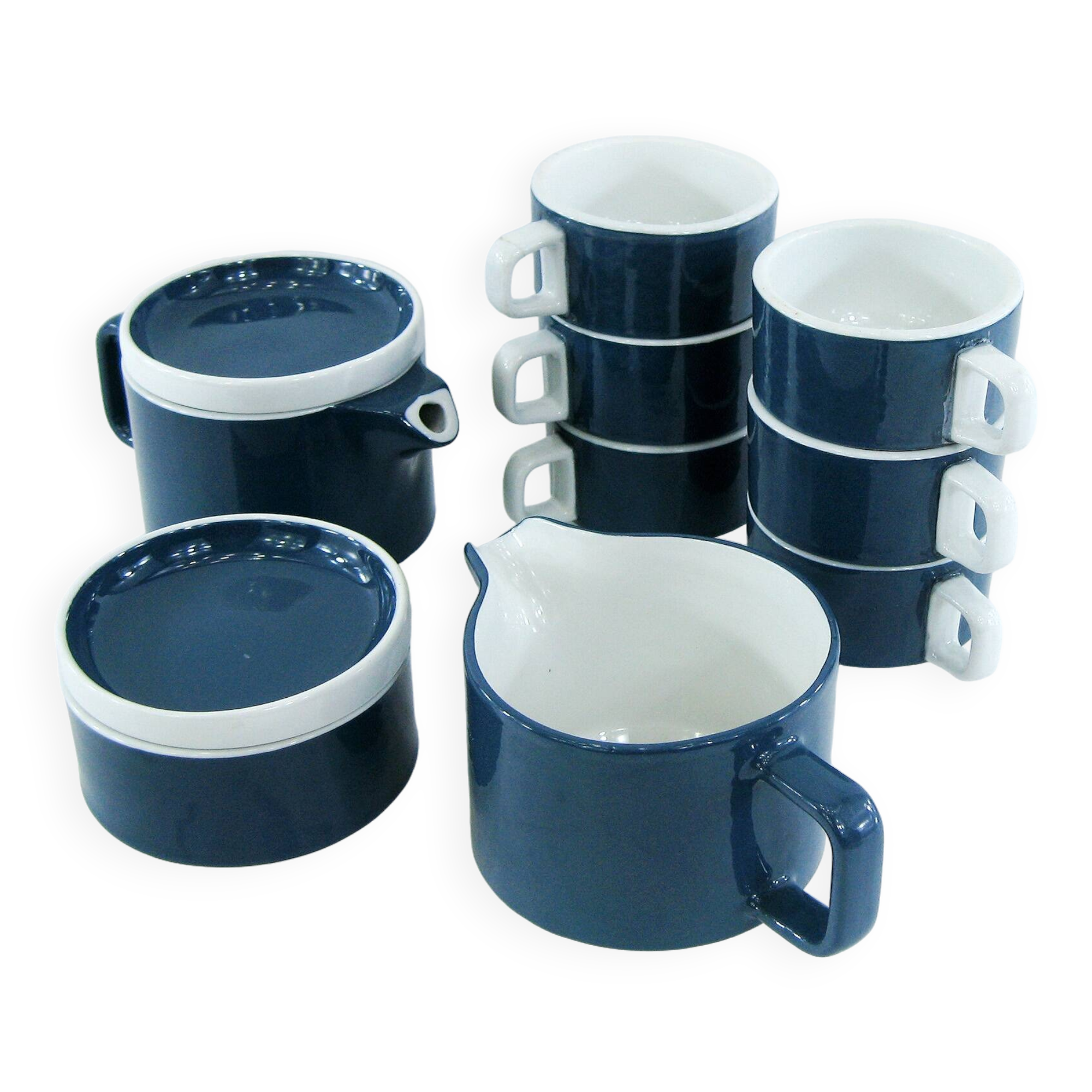 Blue porcelain coffee set - Pyroblan Sarreguemines France - vintage 80s