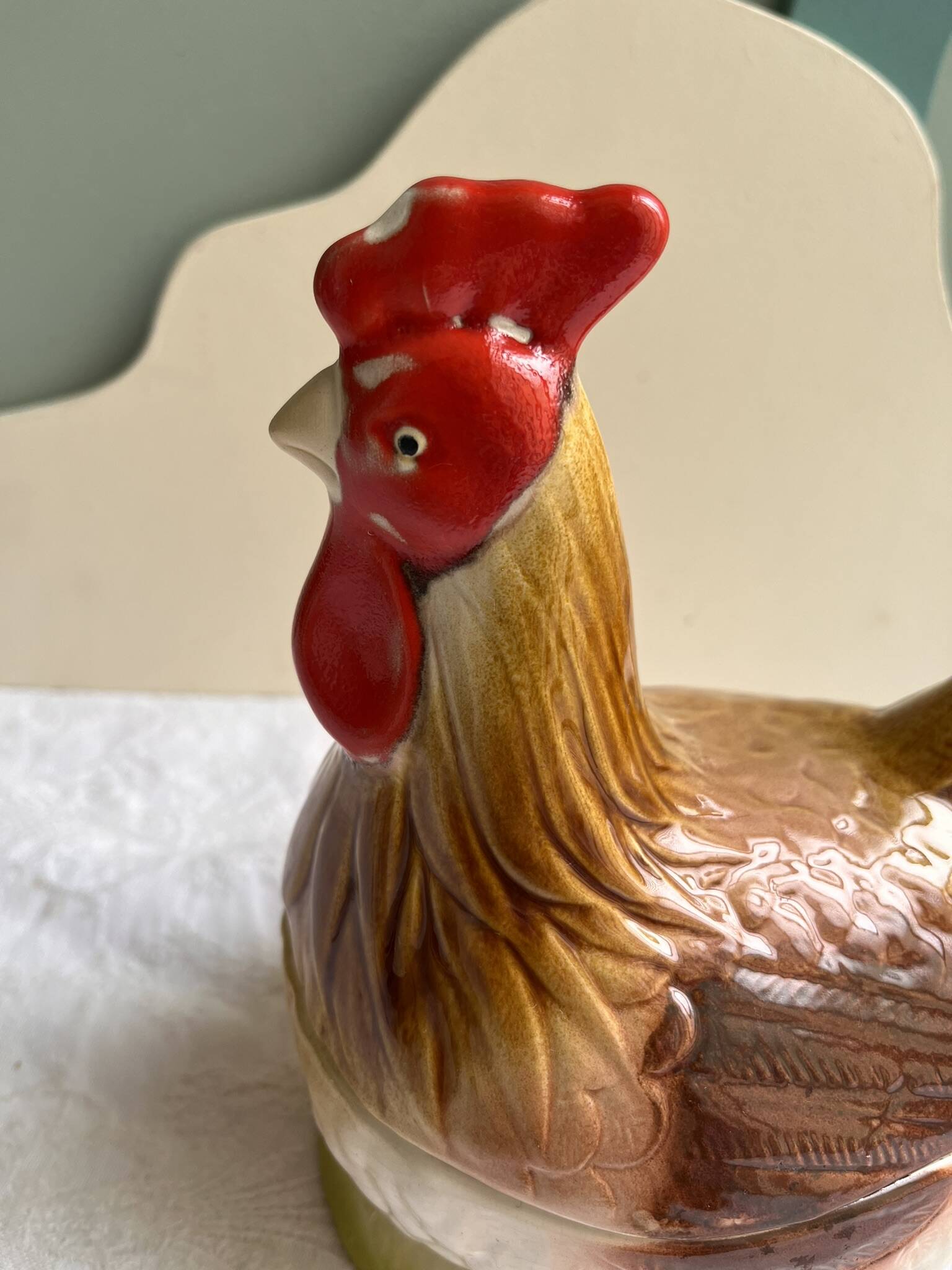 Terrine Michel Caugant rooster or hen in polychrome earthenware