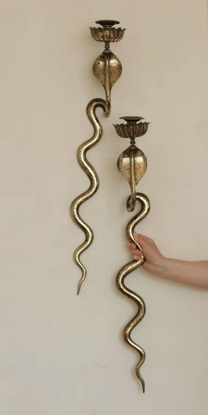 Pair of Neo-Egyptian Style Engraved Brass Wall Sconces Featuring Cobras