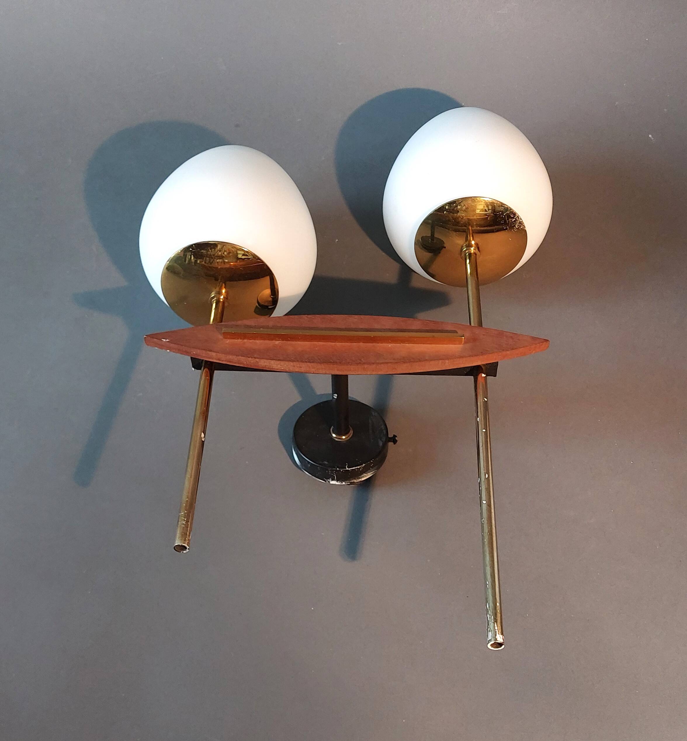 Two-light wall lamp in teak, gilded brass and white opaline Maison Lunel 1960.