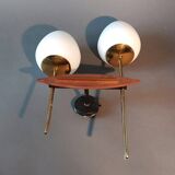 Two-light wall lamp in teak, gilded brass and white opaline Maison Lunel 1960.