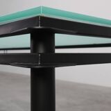 Modernist Dining Table with Black Metal Base and Glass Top, Belgium 1980s
