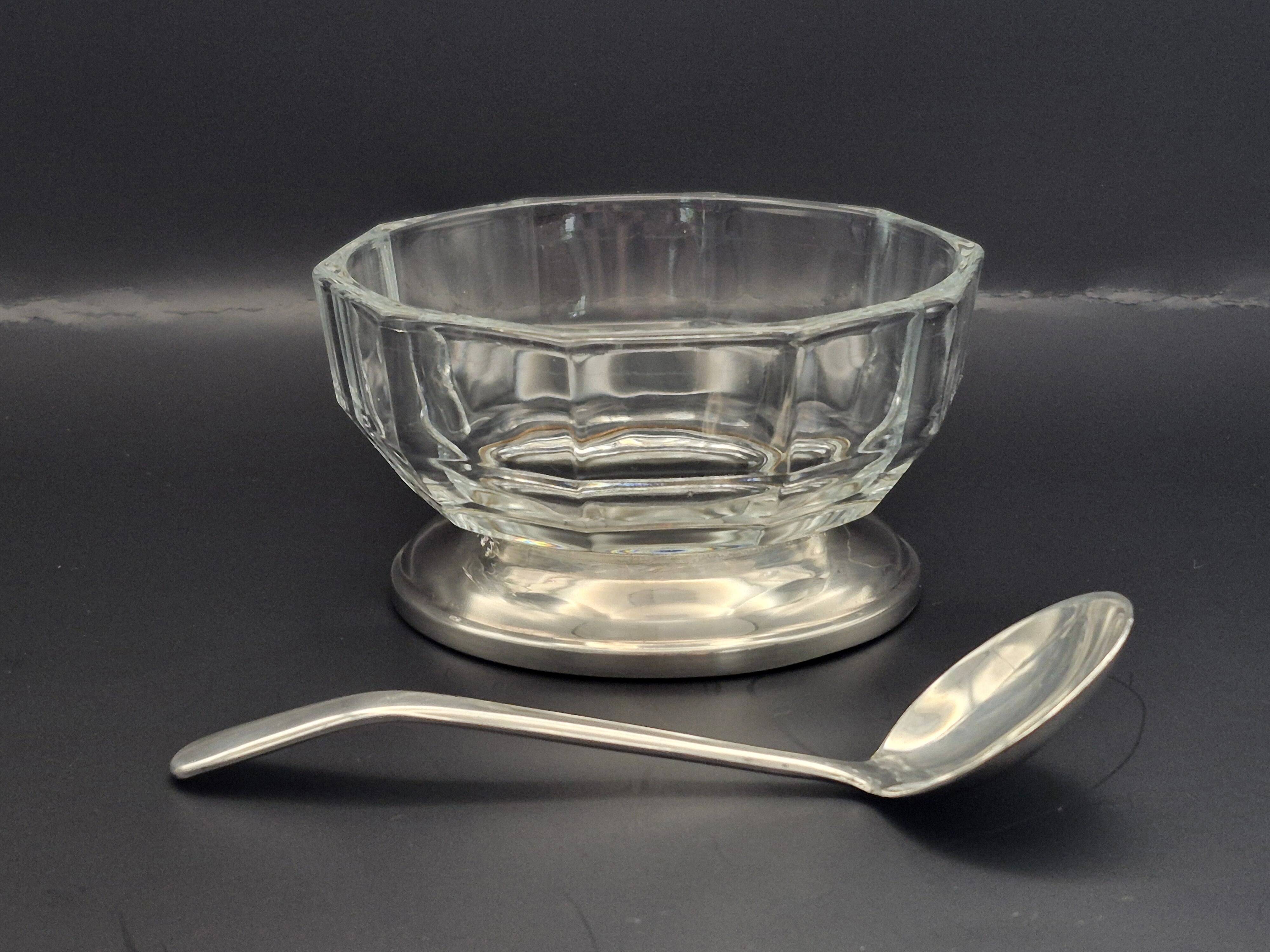 Art Deco thick crystal/glass bowl, silver-plated metal pedestal.